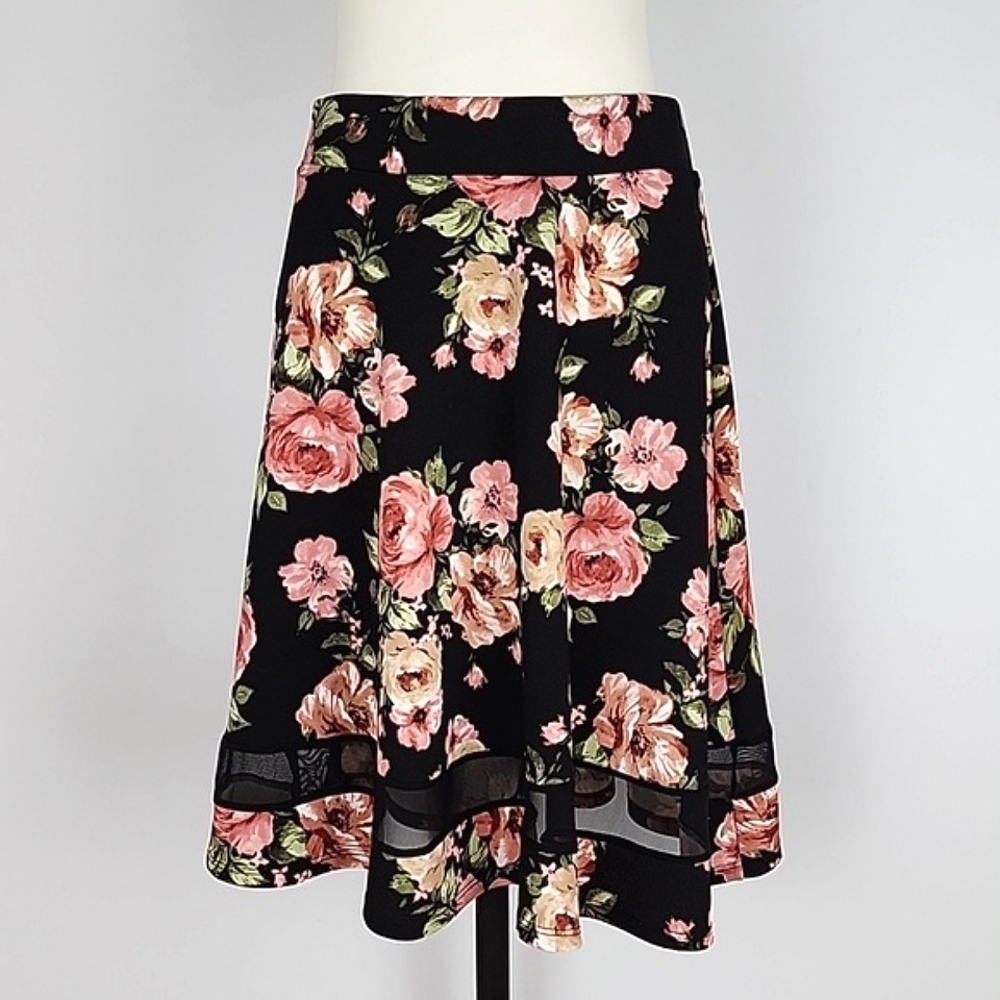 Studio Women's Skirt A-Line Black Pink Floral Inset Mesh Hem Lightweight S